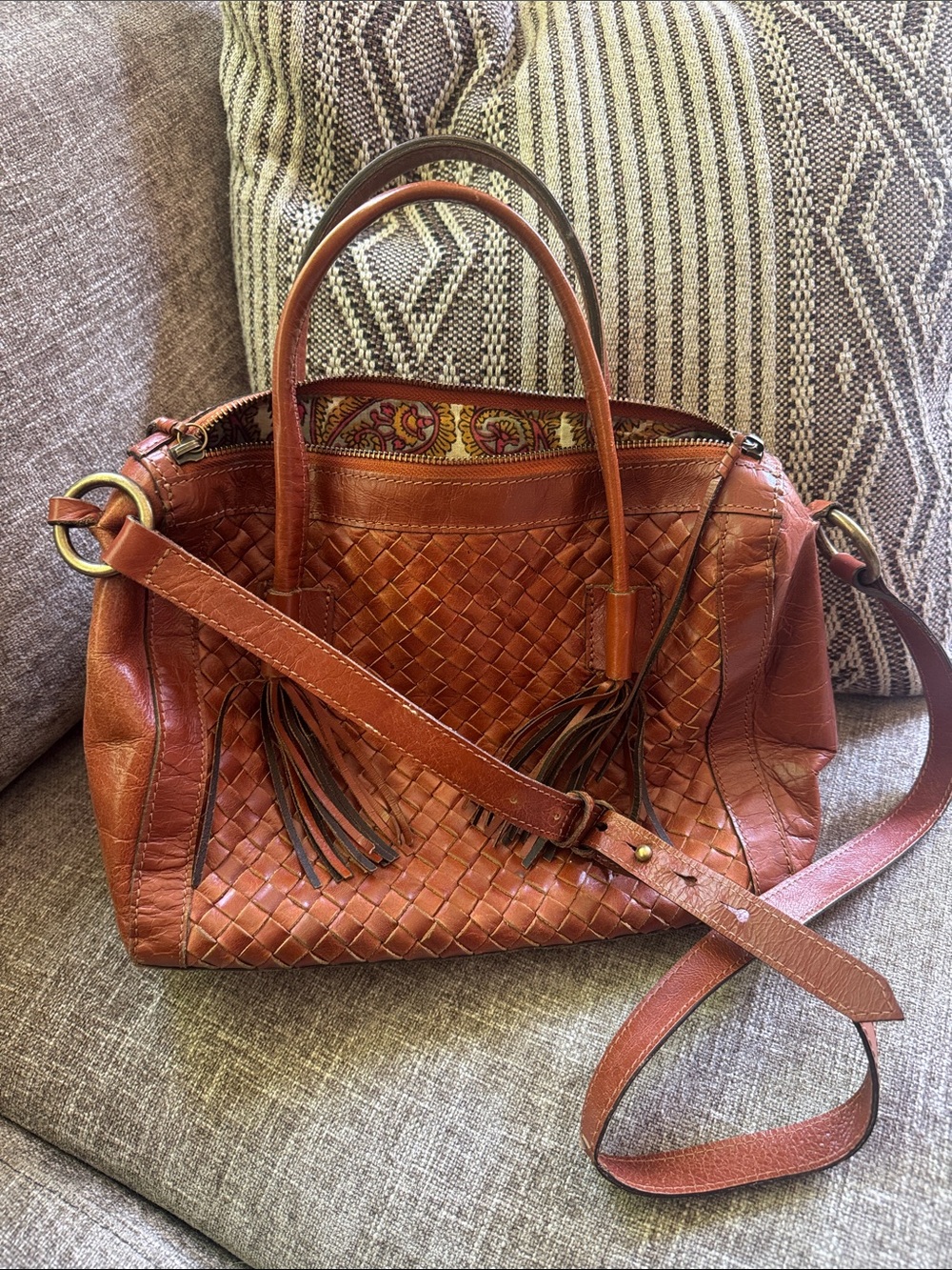 Woven Leather Satchel Bag in Cognac Brown